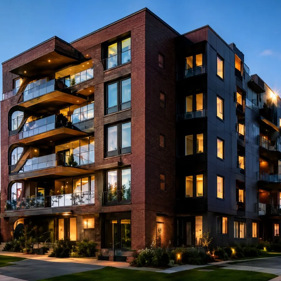 Modern multi-story residential building with glass and balcony detailing
