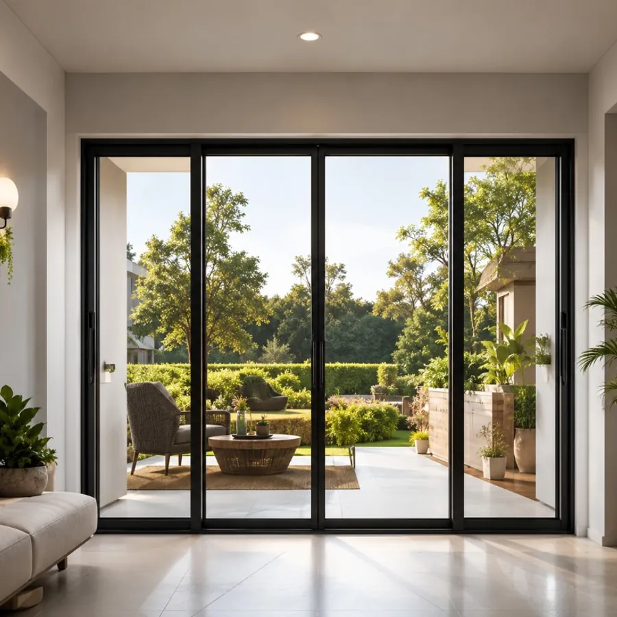 Living room with large black-framed sliding glass doors opening to a garden