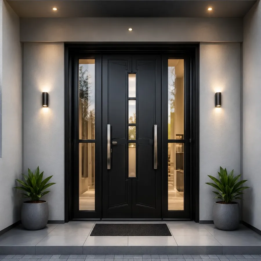 Modern black front entrance doors with glass sidelights